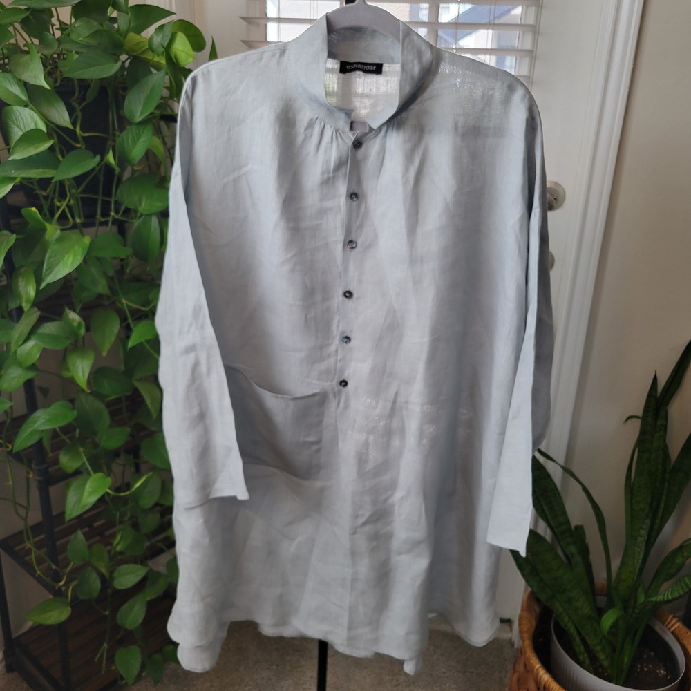 Eskandar Women Light Grey 100% Linen Oversized Tunic Shirt Stand Collar Size 0